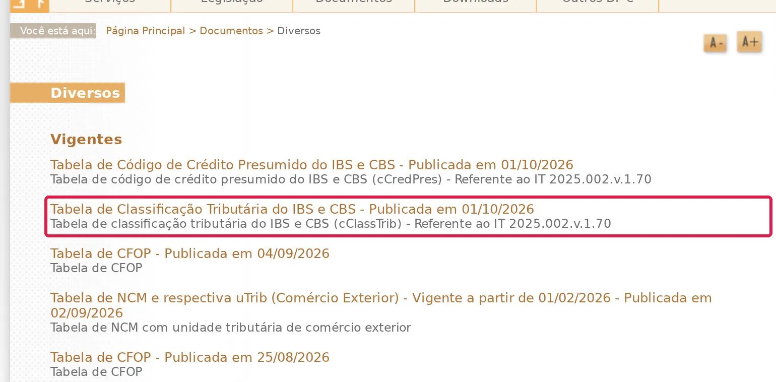 Página Documentos, Diversos, do Portal Nacional da NF-e com a Tabela de Classificação Tributária do IBS e CBS publicada em 01/10/2026 destacada