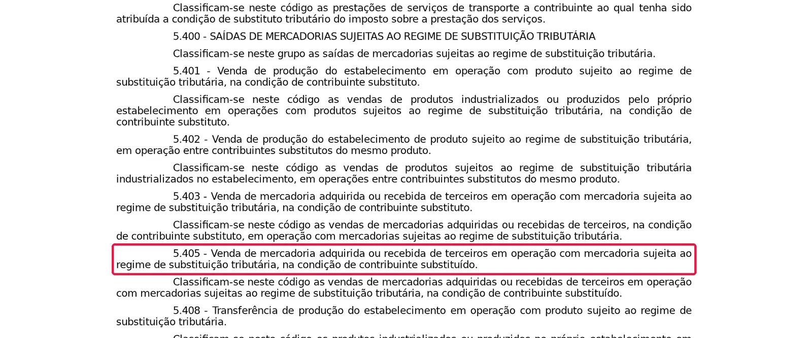 Tabela de CFOP no site do CONFAZ com as descrições do 5.403, venda na condição de contribuinte substituto, e do 5.405, na condição de contribuinte substituído