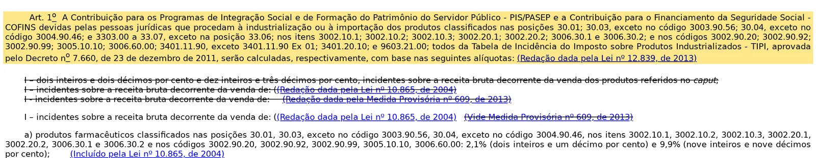 Caput do art. 1º da Lei 10.147/2000 no Planalto, na redação da Lei 12.839/2013, com as posições 33.03 a 33.07 exceto a 33.06