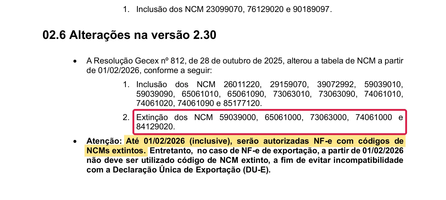 Trecho do Informe Técnico 2024.001 com os cinco NCM extintos em 01/02/2026 e o aviso de que a NF-e com eles foi autorizada até essa data