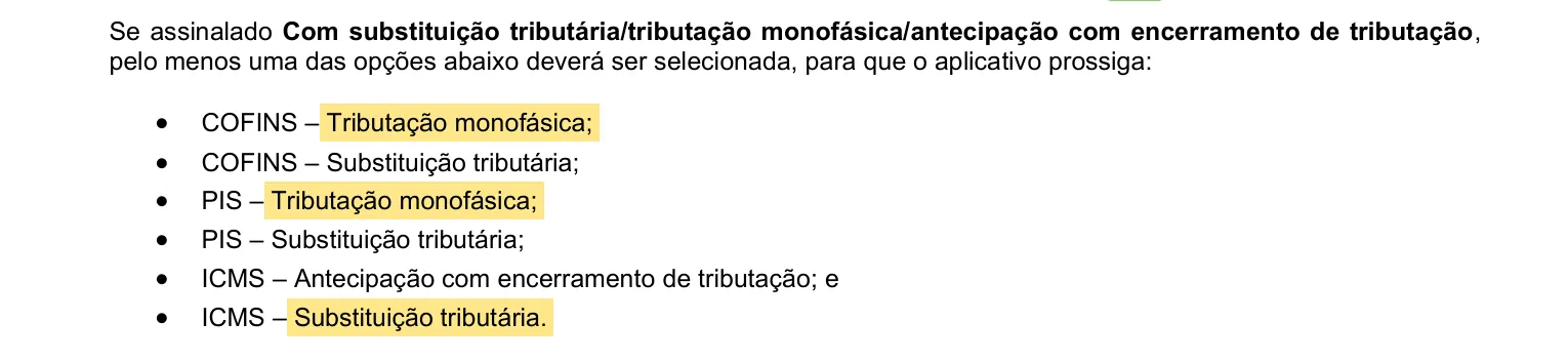 Trecho do Manual do PGDAS-D com as qualificações da receita com substituição tributária, com tributação monofásica de PIS e COFINS e substituição tributária do ICMS destacadas