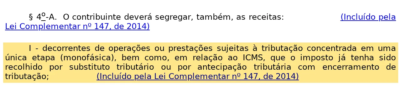 Art. 18, § 4º-A, inciso I, da Lei Complementar 123 no site do Planalto, que manda segregar a receita em que o ICMS já foi recolhido por substituto tributário